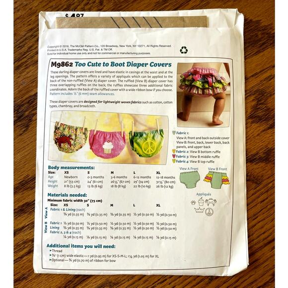 UNCUT 2016 McCalls 9862 Sewing Pattern Size NB - 18 months Baby Bloomers - Picture 2 of 2